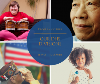 A four picture collage showing a woman playing bongos, an older person, a veteran saluting and a smiling child. In the middle of the pictures are the words, "The programs within our divisions serves thousands."