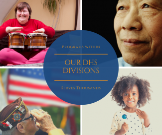 A four picture collage showing a woman playing bongos, an older person, a veteran saluting and a smiling child. In the middle of the pictures are the words, "The programs within our divisions serves thousands."