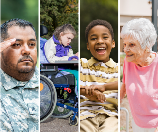 A four person collage showing a veteran saluting, a child in a wheelchair, an older female and a laughing boy.